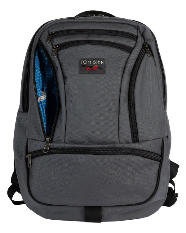 A Nebulous Grey Ballistic Synapse 25 with the side pocket open showing the Island Halcyon lining color.